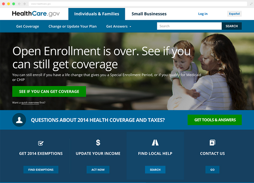 Example of HealthCare.gov homepage including navigation, Hero, Secondary CTA, and Action Bar modules
