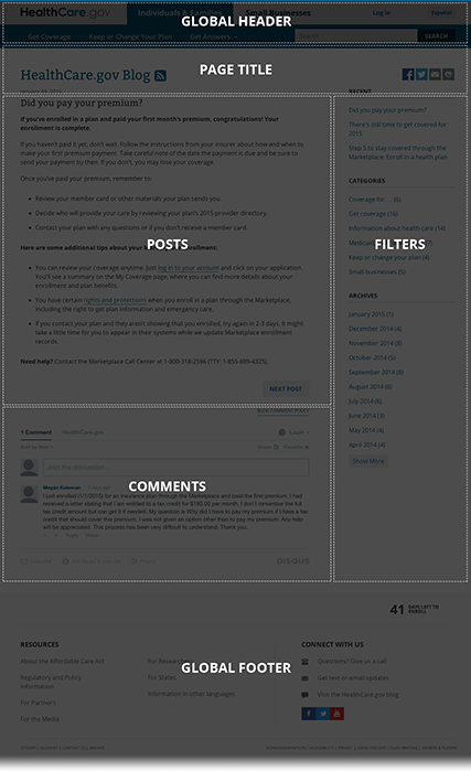 Individual blog post page layout example showing various modules within the template