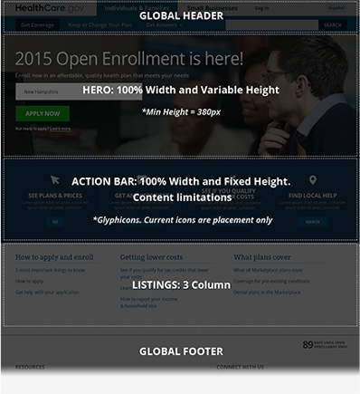 Get Coverage landing page layout example showing various modules within the template