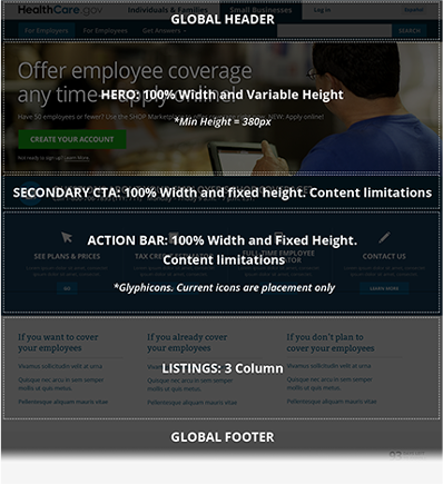 Small Businesses: For Employers landing page layout example showing various modules within the template