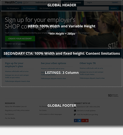 Small Businesses: For Employees landing page layout example showing various modules within the template